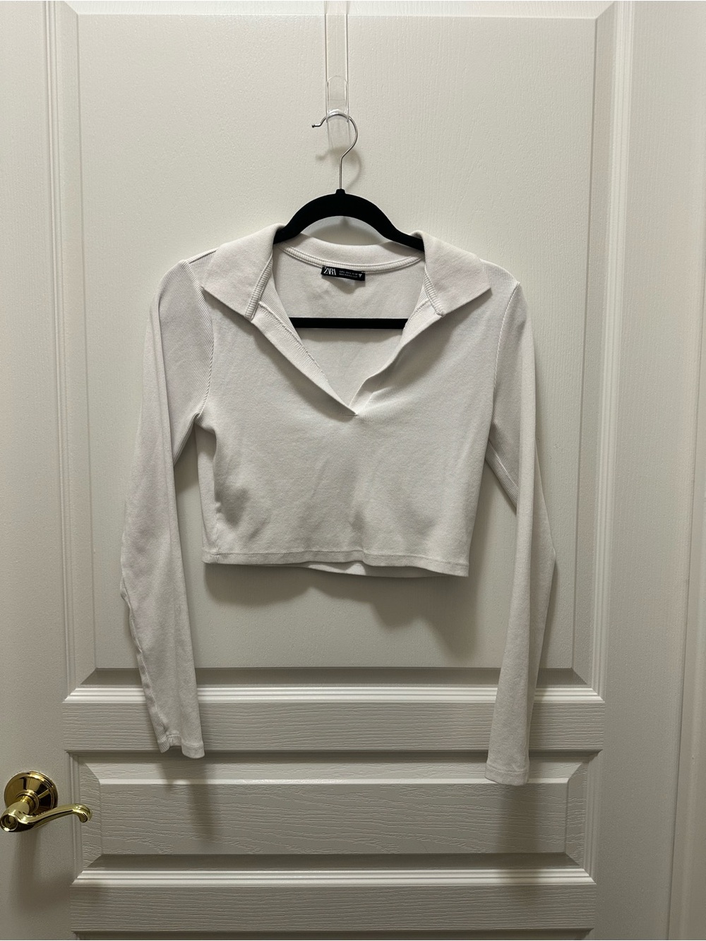 Zara White Cropped Polo-Style Long Sleeve Top